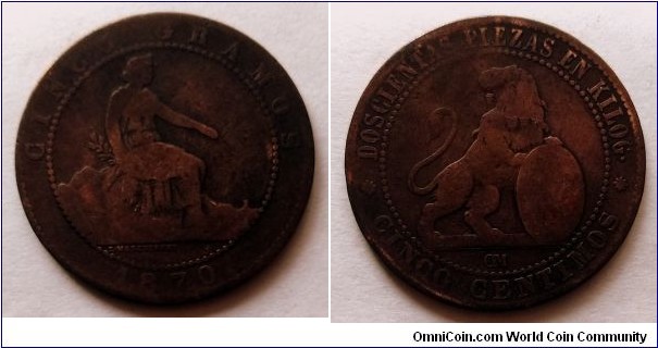 Spain (Provisional Government) 5 centimos. 1870 OM