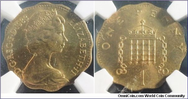 UK 1983 penny stuck on Hong Kong 20 cents planchet.