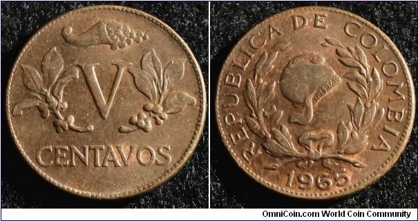 Colombia 1965 5 centavos. Nice condition. Weight: 3.99g