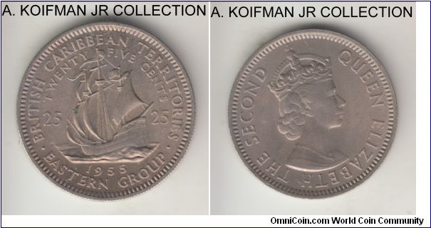 KM-6, 1955 British Caribbean Territories (East Caribbean) 25 cents; copper-nickel, reeded edge; Elizabeth II, uncirculated.