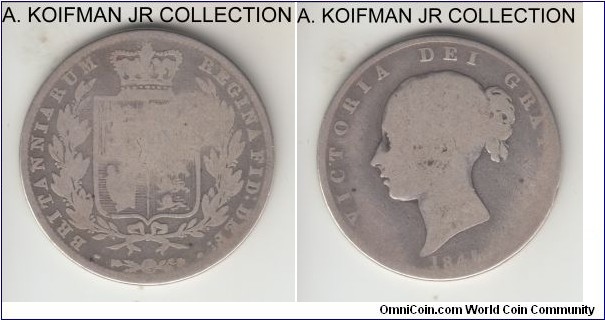 KM-740, 1845 Great Britain 1/2 crown; silver, reeded edge; young Victoria first type, well circulated and worn, about good.
