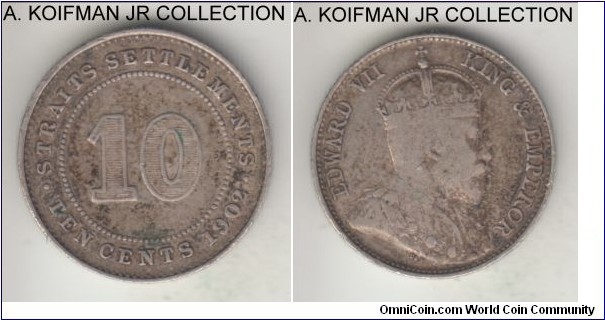 KM-21, 1902 Straits Settlements 10 cents, Royal Mint (no mint mark), silver, reeded edge; Edward VII, 2-year type, good fine.