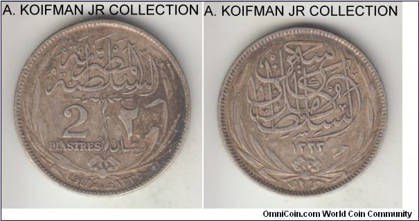 KM-317.2, AH1335 (1917) Egypt 2 piastres, Heaton mint (H mint mark); silver, reeded edge; Sultan Hussein Kamil, decent very fine.