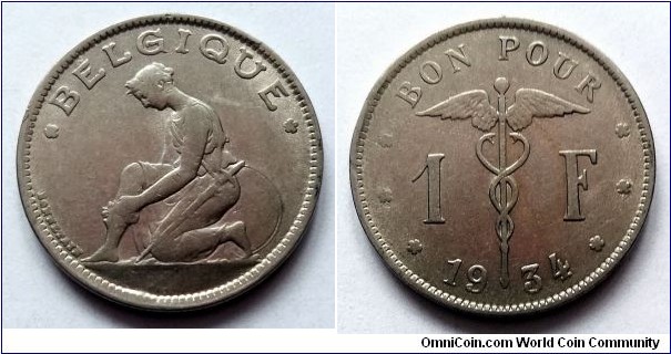 Belgium 1 franc. 1934, Belgique.