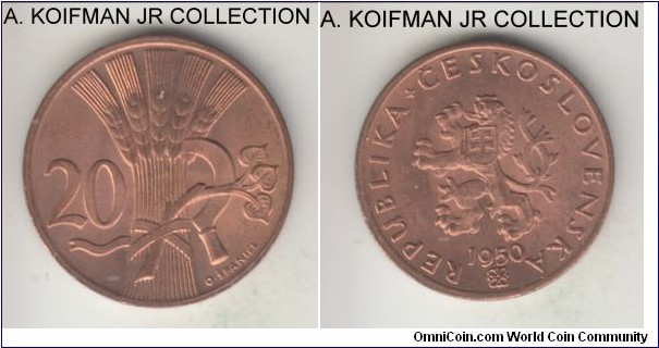 KM-20, 1950 Czechoslovakia 20 haleru; brass (Numista) or bronze (Krause), plain edge; 3 year type, nice red uncirculated.