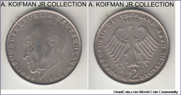KM-124, 1973 Germany (Federal Republic) 2 mark, Munich mint (D mint mark); copper-nickel clad nickel, lettered edge; Konrad Adenauer commemorative circulation type, extra fine or about.