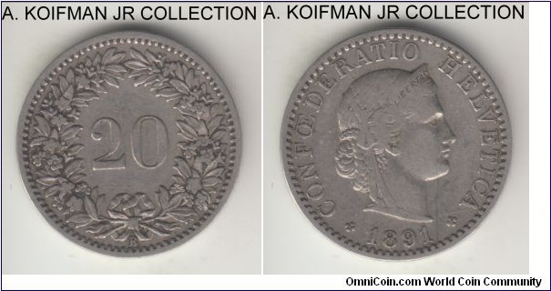KM-29, 1891 Switzerland 20 rappen; nickel, plain edge; good fine or so.