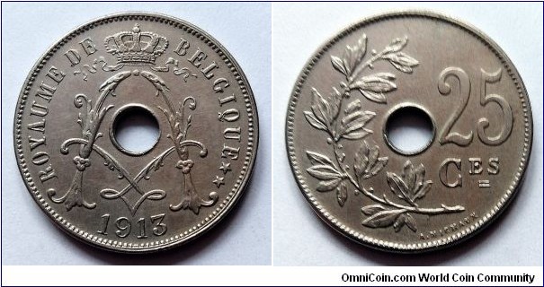 Belgium 25 centimes. 1913, French text.