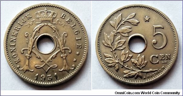 Belgium 5 centimes. 1931, Dutch text.