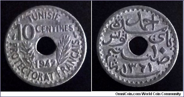 Tunisia 10 centimes. 1942, Zinc.