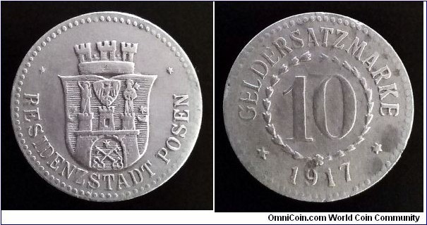 10 Pfennig Notgeld City of Posen. Now City in Poland. Poznań. Zinc.