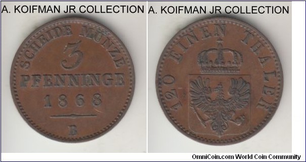 KM-482, 1868 Prussia (German State) 3 pfennigs, Hanover mint (B mintmark); copper, plain edge; Wilhelm I, pre-unification coinage, brown extra fine.