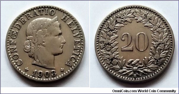 Switzerland 20 rappen. 1903 B