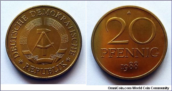 German Democratic Republic (East Germany) 20 pfennig. 1988 A, Issued only in sets. No data about mintage number in Krause. 15.000 pcs. according to Numista.