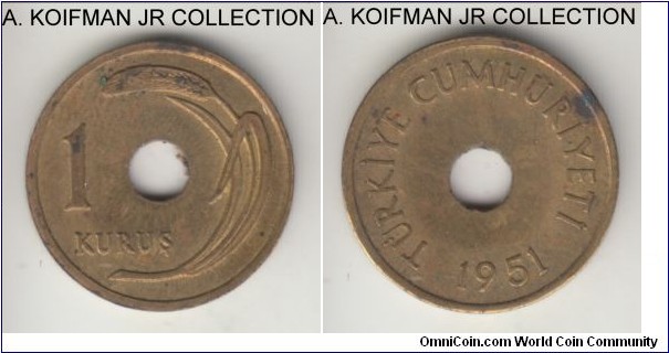 KM-881, 1951 Turkey kurus; brass, plain edge; last year of the type, extra fine or so, some spotting.
