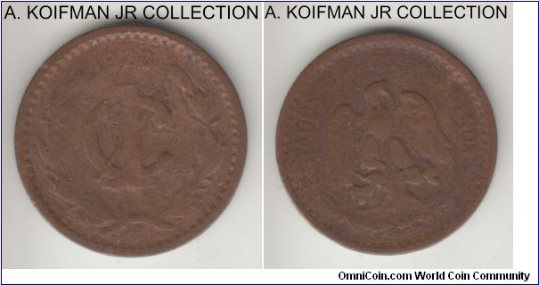 KM-415, 1920 Mexico centavo, Mexico City mint (Mo mint mark); bronze, plain edge; key year, worn.