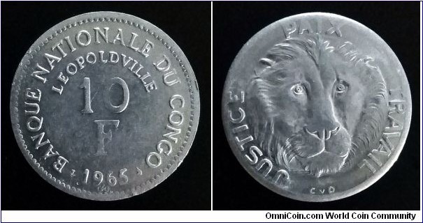 Republic of the Congo (Leopoldville) 10 francs. 1965