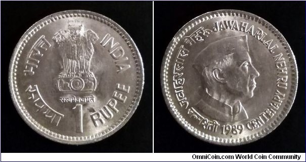India 1 rupee. 1989, 100th Anniversary of Birth of Nehru. Hyderabad Mint.