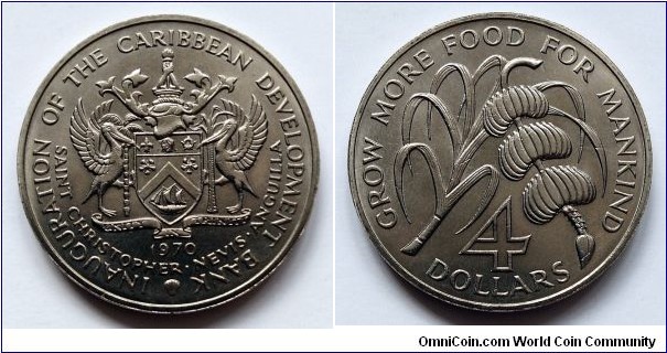 Saint Christopher, Nevis, Anguilla 4 dollars. 1970, Inauguration of the Caribbean Development Bank / F.A.O. issue. Cu-ni. Mintage: 13.000 pieces.