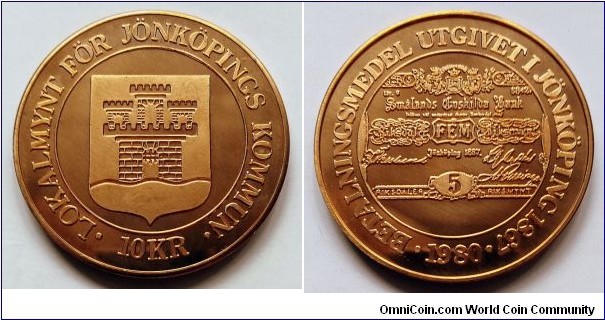 Local coin for Jönköping municipality - 10 kronor. Mintage: 5.000 pcs.