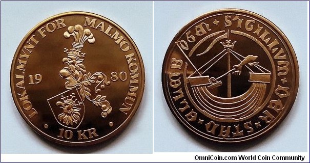 Local coin for Malmö municipality - 10 kronor. Mintage: 8.654 pcs.