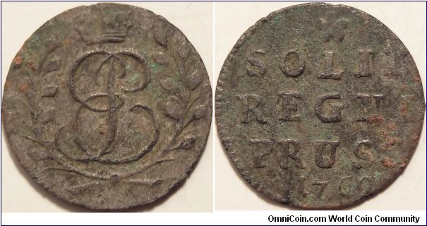 AE Prussian Solid made in 1760 under the authority of empress Elizabeth of Russia. 
