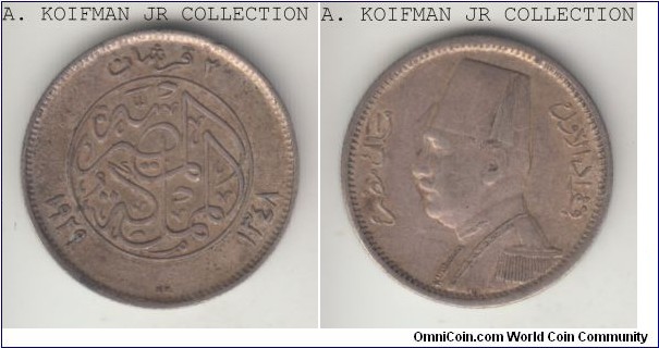 KM-348, AH1348 (1929) Egypt 2 piastres, Hungarian mint (Budapest, BP mint mark); silver, reeded edge; Fuad I, 1-year type, about extra fine.