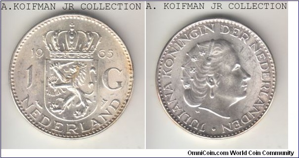 KM-184, 1965 Netherlands gulden; silver, lettered edge; Juliana, uncirculated white with some peripheral toning.