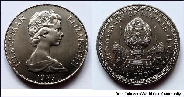 Isle of Man 1 crown. 1983, 200th Anniversary of Manned Flight - Montgolfier Balloon.