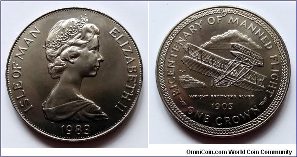 Isle of Man 1 crown. 1983, 200th Anniversary of Manned Flight - Wright Brothers  Flyer.