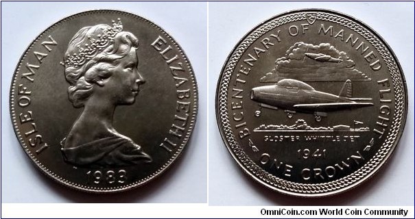 Isle of Man 1 crown. 1983, 200th Anniversary of Manned Flight - Gloster Whittle.