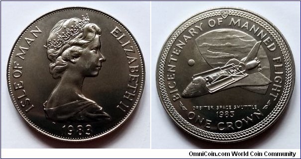 Isle of Man 1 crown. 1983, 200th Anniversary of Manned Flight - Space shuttle.