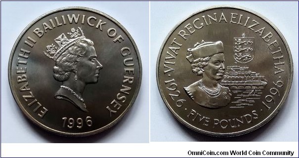 Guernsey 5 pounds. 1996, 70th Birthday of Queen Elizabeth II.