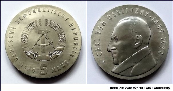 German Democratic Republic (East Germany) 5 mark. 1989, Carl von Ossietzky.