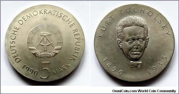 German Democratic Republic (East Germany) 5 mark. 1990, Kurt Tucholsky.