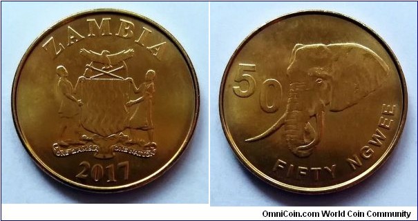 Zambia 50 ngwee. 2017, Bronze plated steel.