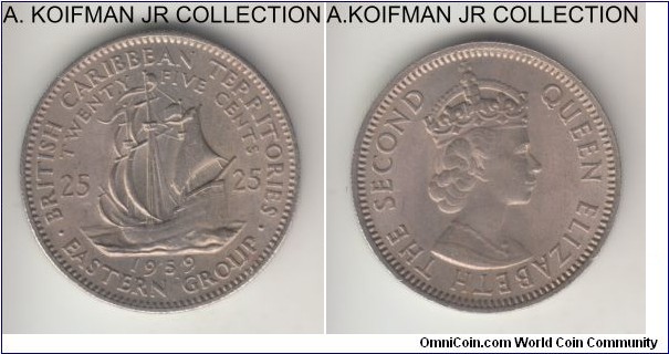 KM-6, 1959 British Caribbean Territories (East Caribbean) 25 cents; copper-nickel, reeded edge; Elizabeth II, good extra fine.