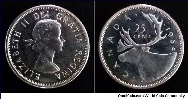 Canada 25 cents. 1964, Ag 800.