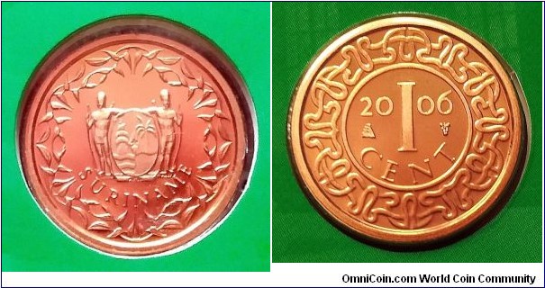 Suriname 1 cent from 2006 mint set. Mintage: 1.500 pcs.