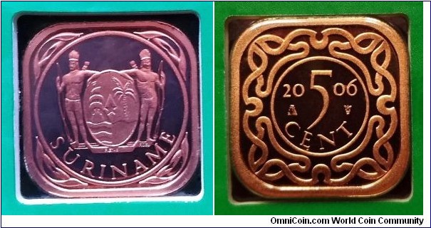 Suriname 5 cents from 2006 mint set. Mintage: 1.500 pcs.