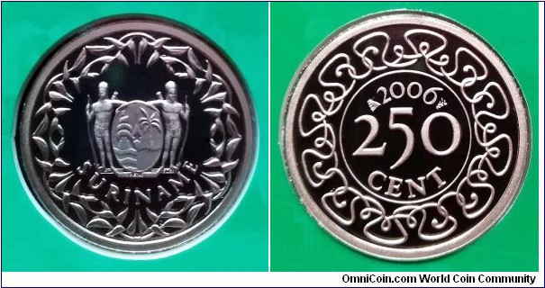 Suriname 250 cents from 2006 mint set. Mintage: 1.500 pcs.