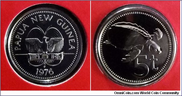 Papua New Guinea 5 toea. 1976, Franklin Mint. Special uncirulated variety. Mintage: 976 pcs.