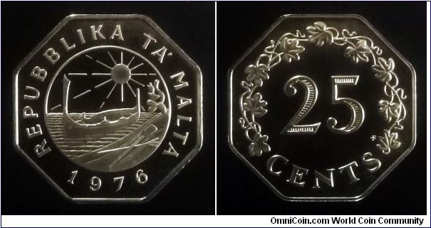 Malta 25 cents. 1976, Proof from Franklin Mint. Mintage: 26.000 pcs.