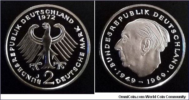 German Federal Republic (West Germany) 2 mark. 1972 J, 20 years of Federal Republic of Germany - Theodor Heuss. Proof. Mintage: 8.000 pcs.