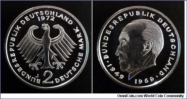 German Federal Republic (West Germany) 2 mark. 1972 J, 20 years of Constitution of the Federal Republic of Germany - Konrad Adenauer. Proof. Mintage: 8.000 pcs.