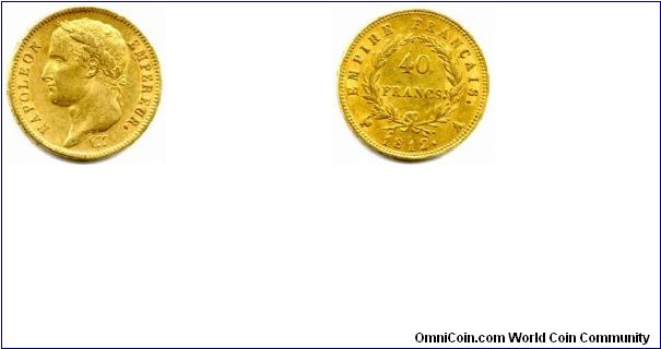 1812 gold 40 Francs of Napoleon Bonaparte struck at the Paris mint