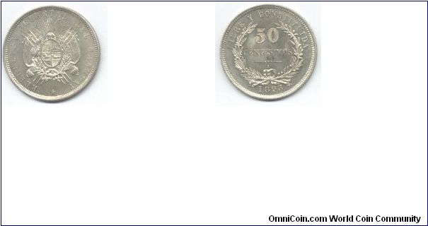 1893 50 centesimos minted in Santiago, Chile