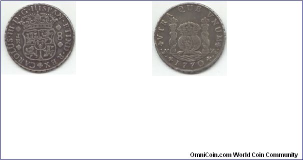 Potosi, Bolivia,
8 Reales JR.
Spanish colony.
King Charles III