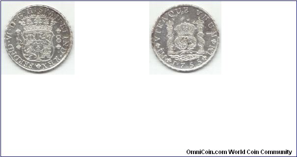 Lima mint, 8 Reales JD.
Spanish colony, King Ferdinand VI.
Small chopmarks.
These indicate that coin circulated in Asia, probably China.