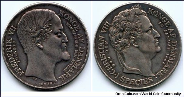 Denmark, 1 speciedaler 1848.
Death of King Christian VIII and Accession of King Frederik VII.